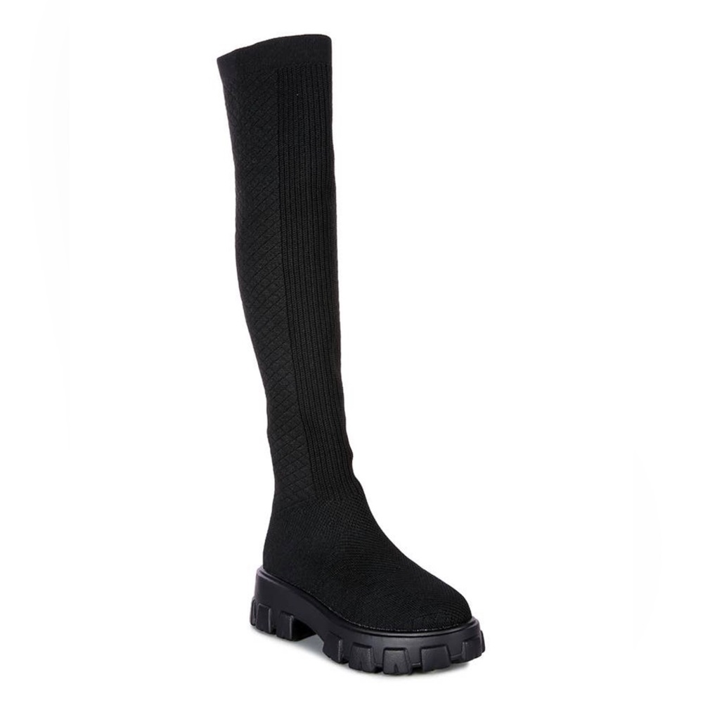 Black knit over the knee boots with lug sole